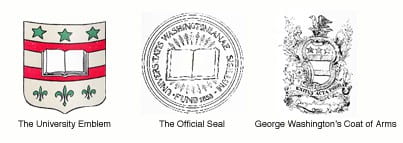 historical sketches of WashU emblem, official seal, and George Washington's Coat of Arms