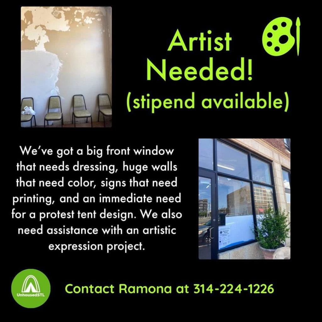 Text reads Artist Needed! (stipend available), etc. Also includes two images of the storefront and a large wall.