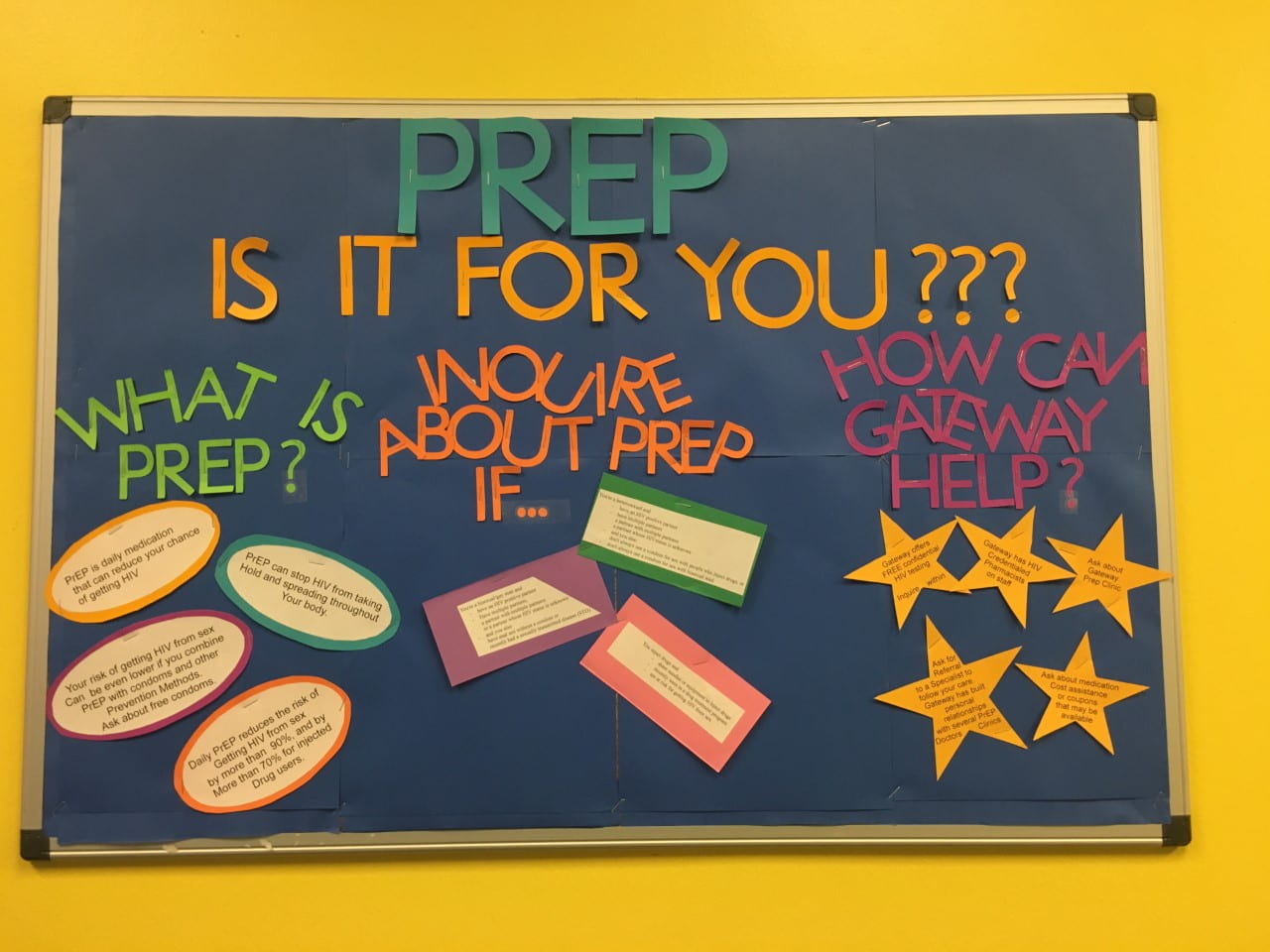 PrEP information board in the lobby of Gateway Apothecary. Title: "PrEP: Is It For You?" 